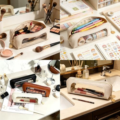 Beige Clear Makeup Bag, PU Leather Travel Makeup Brush Holder - color: Beige