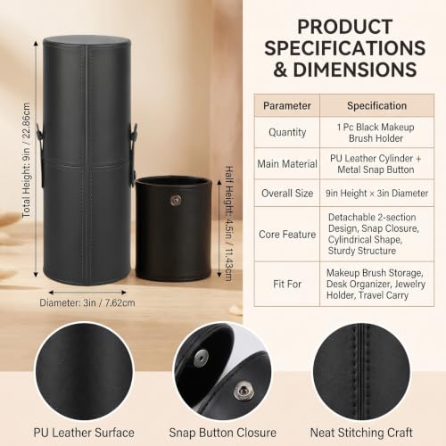 erioctry Black Makeup Brush Case Holder Portable PU Leather Cosmetic Brush Organizer & Storage Roll-up Case for Travel 23 x 8 cm with Snap Closure