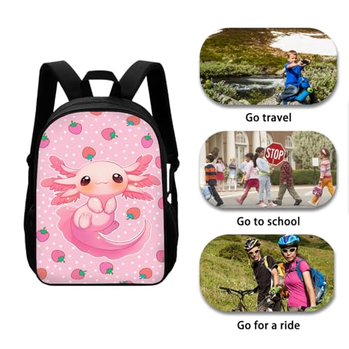 Strawberry Axolotl Backpack for Girls with Lunch Box Set - Age 5-8 Kids 3Pcs Back to School Set for Kindergarten to Elementary, Pink Bookbags - color: Axolotl Strawberry