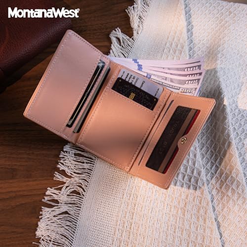 Wallet for Women Small Trifold Wallet RFID Blocking Wallets with ID Window - color: Pink