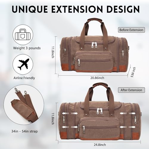 Men'S Duffle Bag For Travel, Expandable Canvas Duffel Bags Overnight Weekend Gym Carry On Luggage Bag For Men(Coffee) - color: Coffee