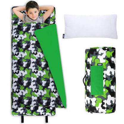 Wildkin Nap Mat with Pillow and Blanket, Preschool Rest Mat - color: 카모 그린