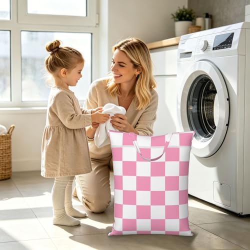 "pink and white checkerboard plaid 2-Pack Travel Laundry Bags for Dirty Clothes- Large Waterproof Laundry Tote, Wet & Dry Use, Reusable Foldable Carry Handles for Vacation, Gym & Dorm" - color: Pink And White Checkerboard Plaid