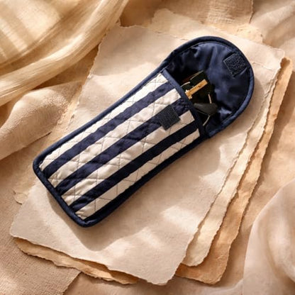 Soft Eyeglass Pouch – Quilted Glasses Case and Multi Functional Travel Organizer - color: Dark Blue + White Stripes - Cotton