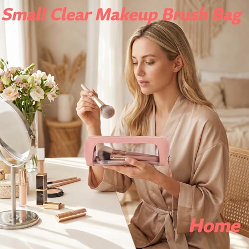 9" Clear Makeup Brush Bag, Small Pink Pencil Case, Slim Purse Pouch - color: Pink