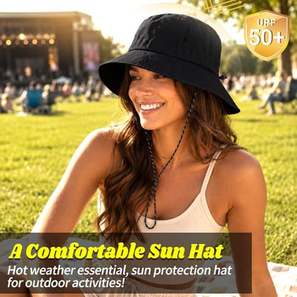 NPQQUAN Sun Bucket Hats for Woman Men Lightweight Sun Hat Packable Foldable - color: (Black)