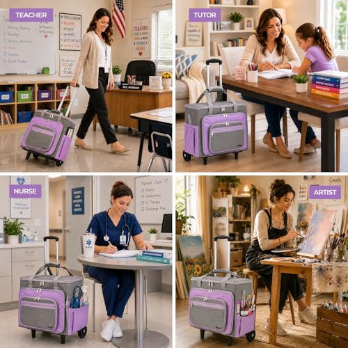 Rolling Craft Bag With Wheels, Teacher Organizer Tote With Detachable Trolley - color: purple, size: 2 Wheels & Fixed Front Feet