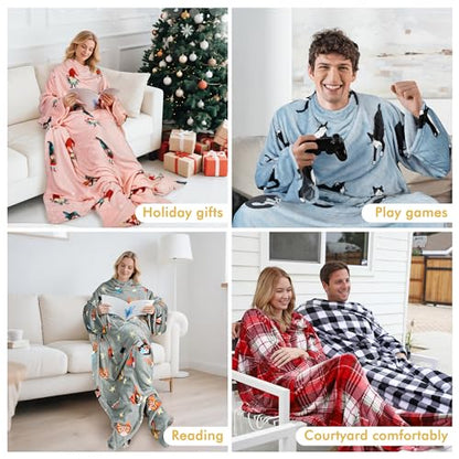 Catalonia Wearable Blanket with Sleeves & Foot Pocket for Adults - color: Plaid White, size: Fleece