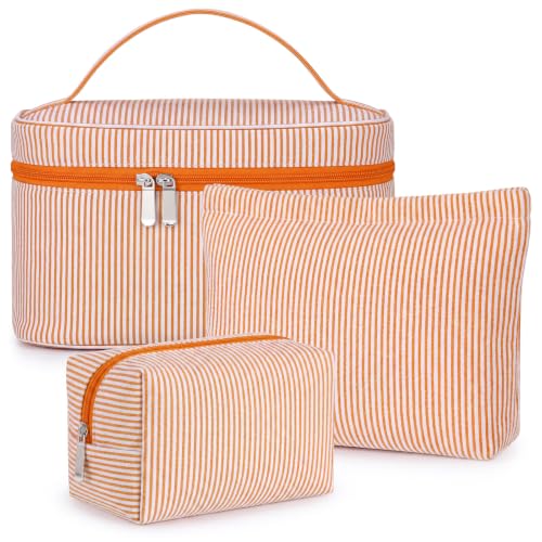 Huhumy 3Pieces Cute Seersucker Makeup Bag Set for Women, Orange, Stripe - color: Orange, style: Stripe