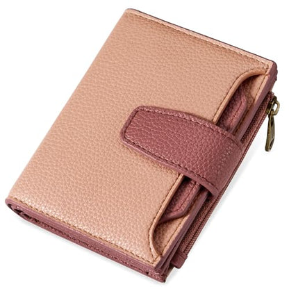 Airkit Small Wallet Women RFID Blocking Vegan Leather Bifold Compact Card Holder Wallet for Women with Zipper Coin Pocket 4 ID Window - color: Colorblock - Blush Pink/Red