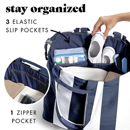 Fit & Fresh All The Things XL Beach Bag for Women, Oversized Travel Tote - color: Navy Stripe