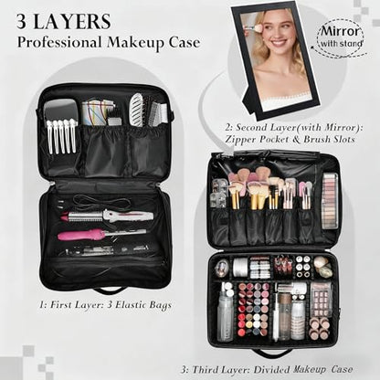 Large Makeup Bag, 3 Layers 17” Makeup Case Organizer with Mirror Professional Cosmetic Storage Backpack Box Travel Artist Carrying Vanity Bags with Brush Slot/Shoulder Strap/Attach to Suitcase - color: Backpack Black