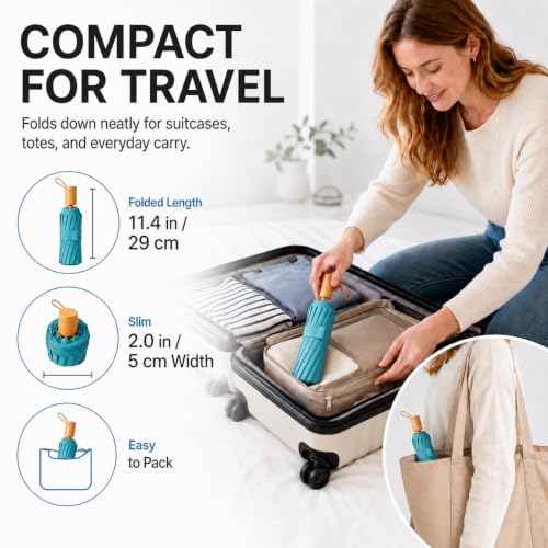 Compact Travel Umbrella with UPF 50+ UV Protection - color: Lake blue
