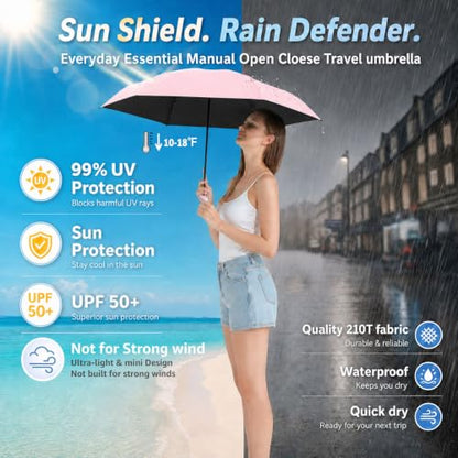 BAODINI Mini Travel Umbrella with UV Sun Protection, Compact Pocket-Size - color: D-1-Pink