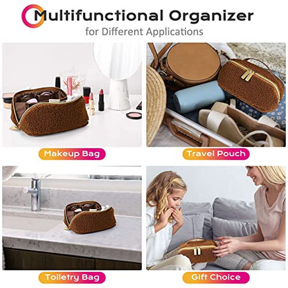 BYOOTIQUE Plush Makeup Bag Open Flat Travel Toiletry Accessories w/Handle - color: Brown, size: S