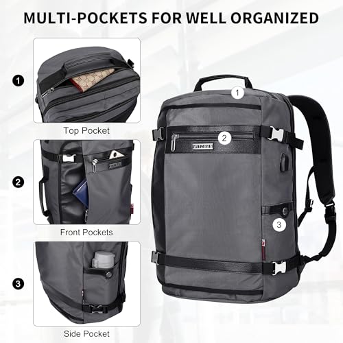 WITZMAN Travel Backpack for Men 35L Carry-on Luggage Bag USB Charging Port - color: Silvery Grey
