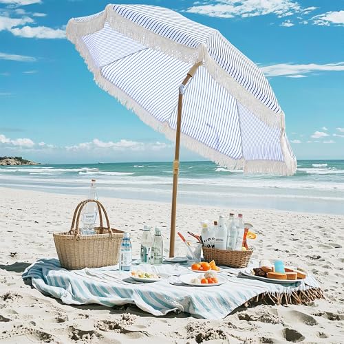 Aohanoi Outdoor Umbrella - Sun Protection, Rain Resistant, Windproof with Manual Open-Close Feature - Ideal for Beach, Camping, and Picnics - color: Blue Pinstripe