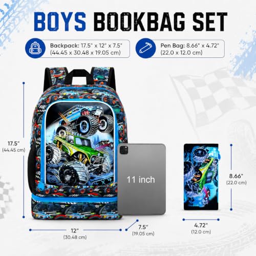 CCJPX 3Pcs Backpack for Boys, 16 Inch Preschool Elementary Kindergarten School Backpacks and Lunch Box - color: Truck 2 in 1