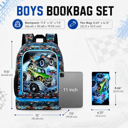 CCJPX 3Pcs Backpack for Boys, 16 Inch Preschool Elementary Kindergarten School Backpacks and Lunch Box - color: Truck 2 in 1