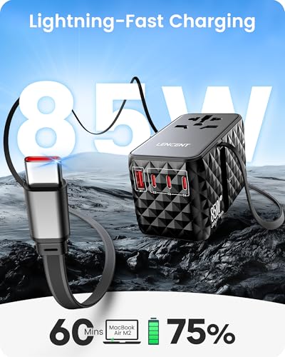 LENCENT 85W Universal Travel Power Adapter with Retractable USB C Cable - color: Black, size: 85W-1A3C-with Retractable Cable