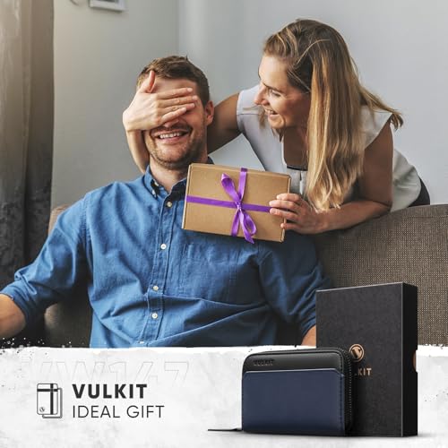 VULKIT RFID Blocking Credit Card Holder, Leather Business Card Holder Case, Minimalist Zipper Wallet, Charcoal Blue - color: Charcoal Blue