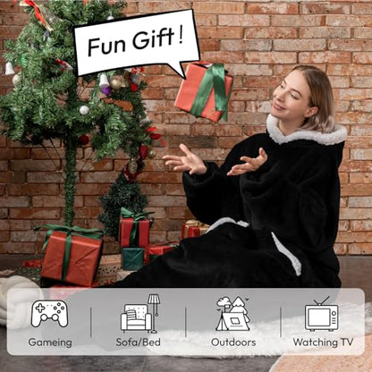 Sioloc Wearable Blanket Hoodie for Women/Kids/Men, Oversized & Cozy Sherpa Lined Hoodie Sweatshirt Blanket(Black,Oversized) - color: Black, size: Oversized