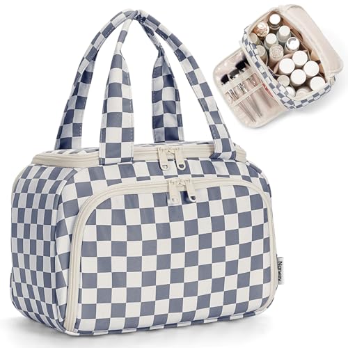 Narwey Travel Toiletry Bag for Women, Large Cosmetic Makeup Bag Organizer - color: Greyish Blue Checkerboard