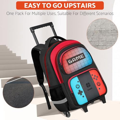 TILYTADLY Boys Rolling Backpack for Kids - Gamer Kids Rolling Backpack with Wheels for Elementary Middle School - Roller School Bookbag,HFHTDC Wheeled Travel Bag for Boys Aged 6-18 - color: 2c-red-blue-backpack Only