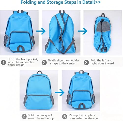 Foldable Lightweight Backpack, Packable Waterproof Daypack with Mesh Shoulder Straps for Hiking Camping Shopping Travel（Black