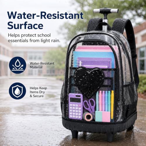 AGSDON Chic Sequin Rolling Clear Backpack Set – 20" Transparent Wheeled Bookbag with Large Front Pocket for School, Daily Commute & Leisure | Black Fashion-Forward Organizer - color: Love Sequin Rolling Backpack Black