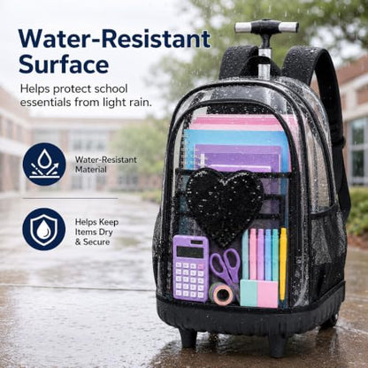 AGSDON Chic Sequin Rolling Clear Backpack Set – 20" Transparent Wheeled Bookbag with Large Front Pocket for School, Daily Commute & Leisure | Black Fashion-Forward Organizer - color: Love Sequin Rolling Backpack Black