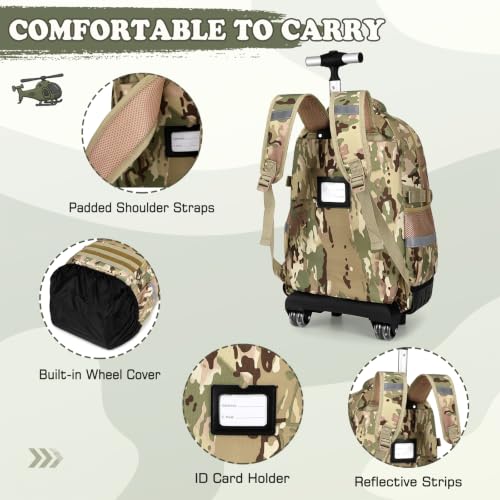 Boys Camo Rolling Backpack with Lunch Box Pencil Case | Kids Tactical Military Army Roller Backpack With Wheels Kindergarten Elementary School Bookbag Travel Camping, Khaki Camo - color: Khaki Camo