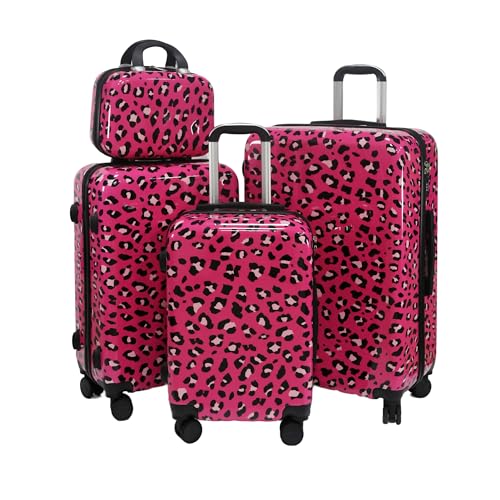 Luggage Sets 4 Piece, Hardside Suitcase Set 14+20+24+28 | Leopard Luggage with Spinner Wheels,Suitcase Set for Women and Men, Lightweight Leopard PC+ABS Hardshell,Pink - color: Pink leopard（14+20+24+28）