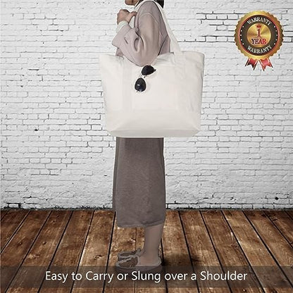 TOPDesign 1-Pack Canvas Tote Bag with an External Pocket, Reusable Grocery Shopping Bag, Top Zipper Closure, Daily Essentials (Natural) - color: Natural