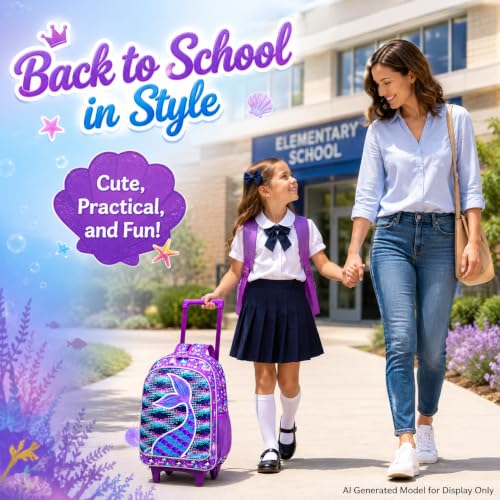 AGSDON 3PCS Rolling Backpack for Girls Boys, Kids Roller Wheels Bookbag, Wheeled School Bag with Lunch Bag - color: Mermaid Upgrade 2