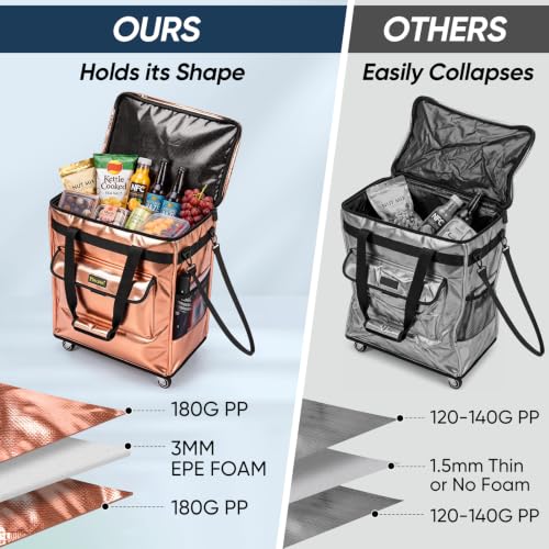 BALEINE Reusable Grocery Bag on Wheels, Foldable Rolling Tote Bag - color: Rose Gold, size: Large