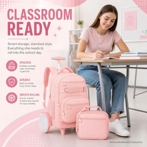 3Pcs Large Wheels Rolling Backpack for Girls Women, 20 Inches Detachable Wheeled Backpack Set, Water Resistant Roller Backpack for Travel Work College School (Pink) - color: Cassic-pink (Large Wheels)