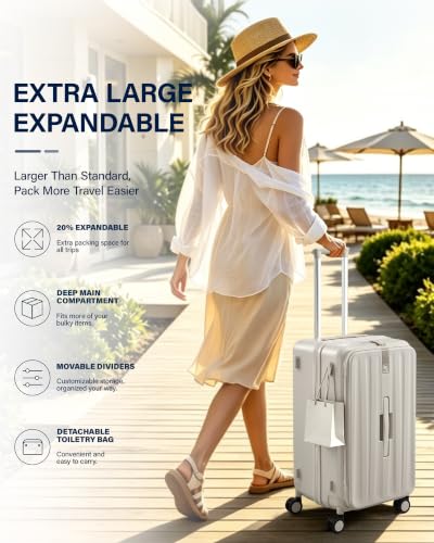 Hanke 24 Inch Top Opening Expandable PC Checked Luggage with TSA Lock,81L - color: Ivory White, size: 24 Inch