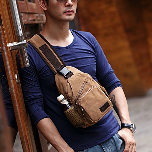 SIMU Canvas Shoulder Bag for iPad Mini, Crossbody Chest Sling Backpack - color: Khaki