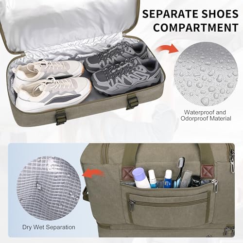 WITZMAN Duffle Bag for Men 60L Travel Canvas Weekender with Toiletry Bag - color: Army Green