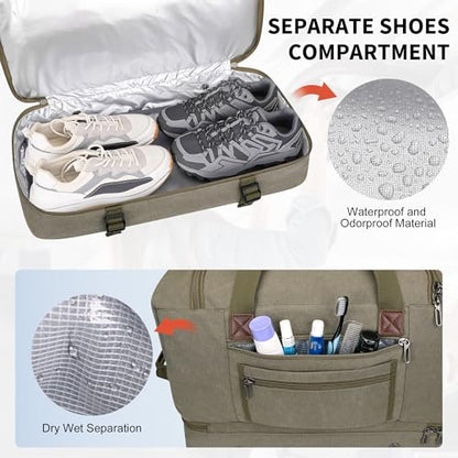 WITZMAN Duffle Bag for Men 60L Travel Canvas Weekender with Toiletry Bag - color: Army Green