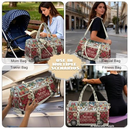 Youngerbaby Red Christmas Bus Quilted Weekender Duffle Bag for Women - color: Christmas Red Bus