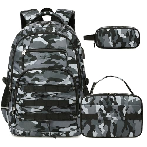 ACESAK 3PCS Camo Backpack for Boys with Lunch Box Pencil Case - color: Gray Black