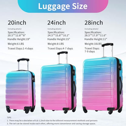 Merax 3-Piece Hardshell Luggage Set,Gradient Travel Suitcases,Blue & Red - color: Gradient Blue Red, size: 3 Piece(20/24/28)