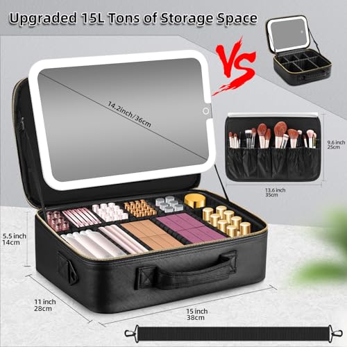 15''X11'' Large Makeup Bag with Removable Lighted Mirror, PU Leather - color: Black-Removable Mirror