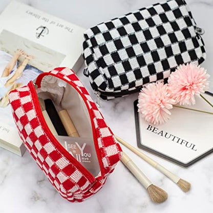 PAZIMIIK Checkered Makeup Bag for Purse, Small Travel Cosmetic Pouch,Red - color: Red