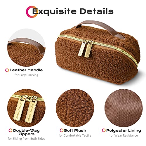 BYOOTIQUE Plush Makeup Bag Open Flat Travel Toiletry Accessories w/Handle - color: Brown, size: S