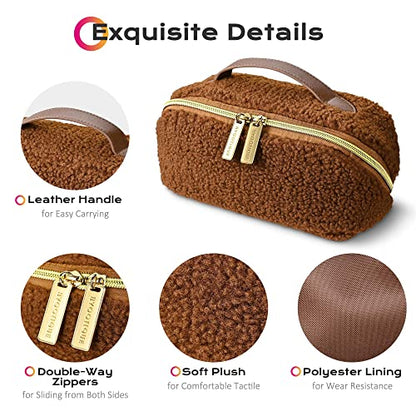 BYOOTIQUE Plush Makeup Bag Open Flat Travel Toiletry Accessories w/Handle - color: Brown, size: S