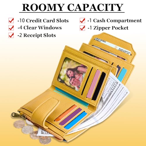 Airkit Small Wallet Women RFID Blocking Soft Leather Bifold Compact Card Holder Wallet for Women with Zipper Coin Pocket 4 ID Window - color: Colorblock - Blue/Yellow