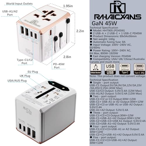 Universal Travel Adapter 45W with 5 Ports (3 USB-C, 2 USB-A) Worldwide Charger for USA, Europe, UK, Australia, Asia & 150+ Countries International Power Plug - color: White 45W